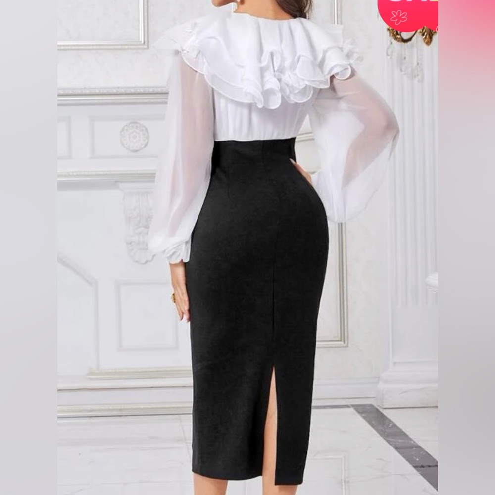 Lantern Sleeve Layered Ruffle Detail Split Hem Combo Dress - Picture 2 of 7